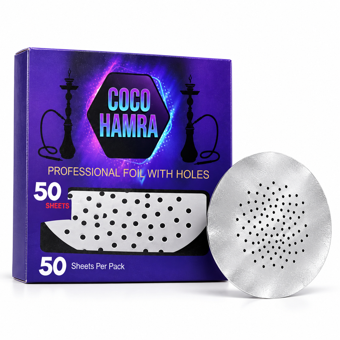 Coco Hamra 50-sheet pre-punched hookah foil pack with a loose aluminum foil sheet