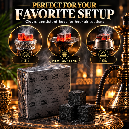 Coco Hamra coconut charcoal cubes shown with compatible hookah bowl and heat management setups