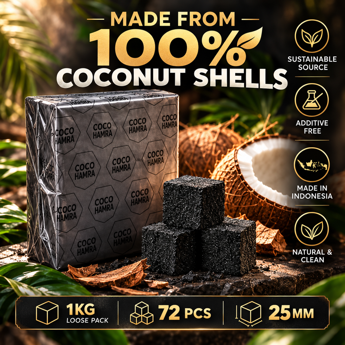 Coco Hamra 1kg loose bag coconut shell charcoal with natural coconut ingredients and 72-cube pack details