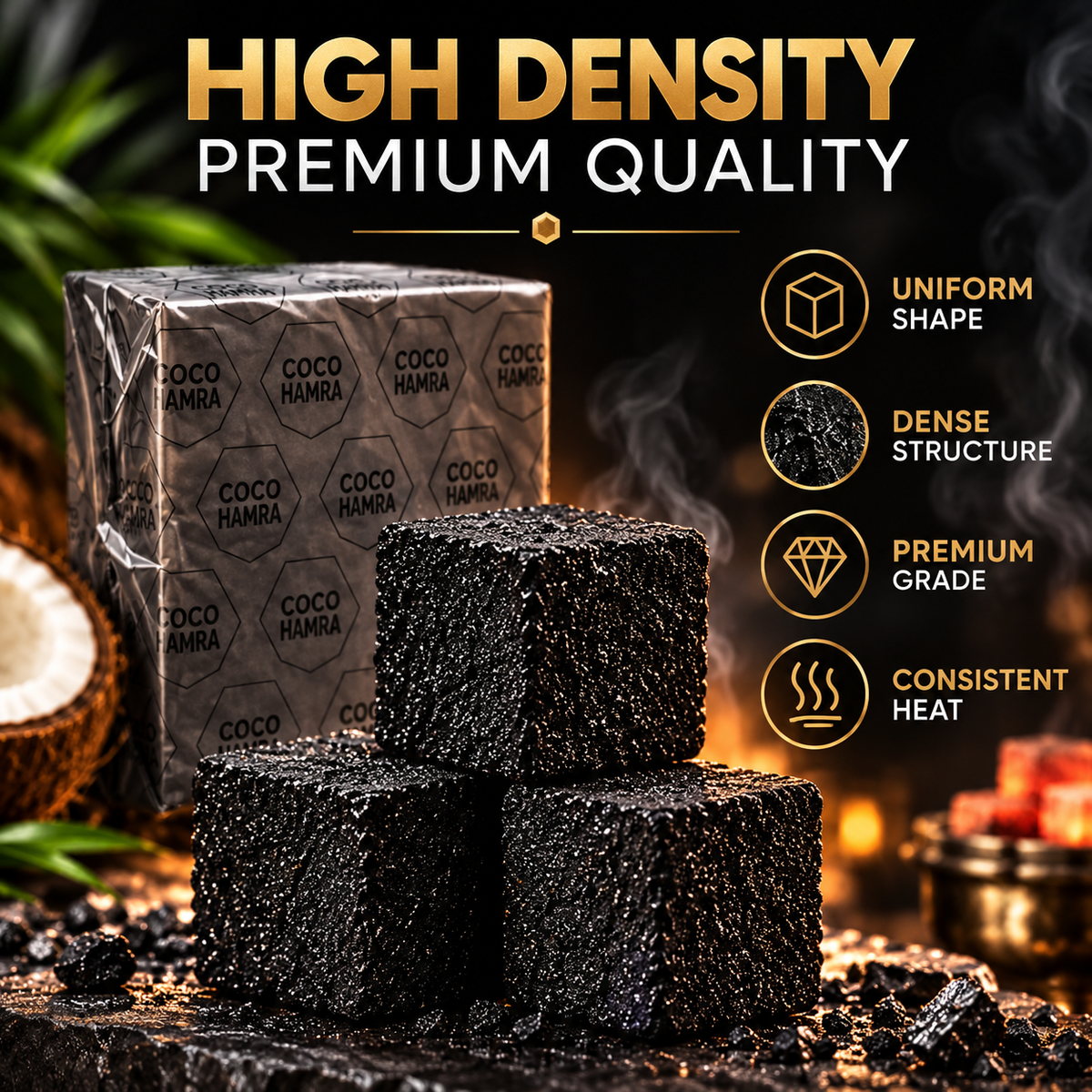 Close-up of Coco Hamra 25mm dense coconut charcoal cubes showing their shape and texture
