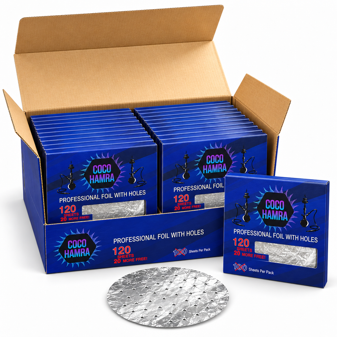 Open Coco Hamra foil master case with a representative 120-sheet retail pack outside and a loose foil sheet; 24 packs per case