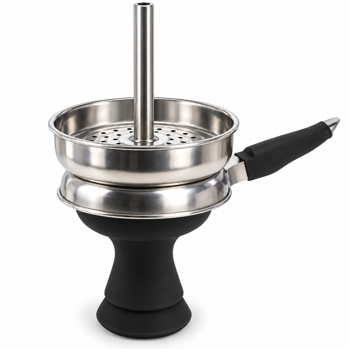 Black Coco Hamra silicone phunnel hookah bowl with metal chimney heat-management screen and side handle