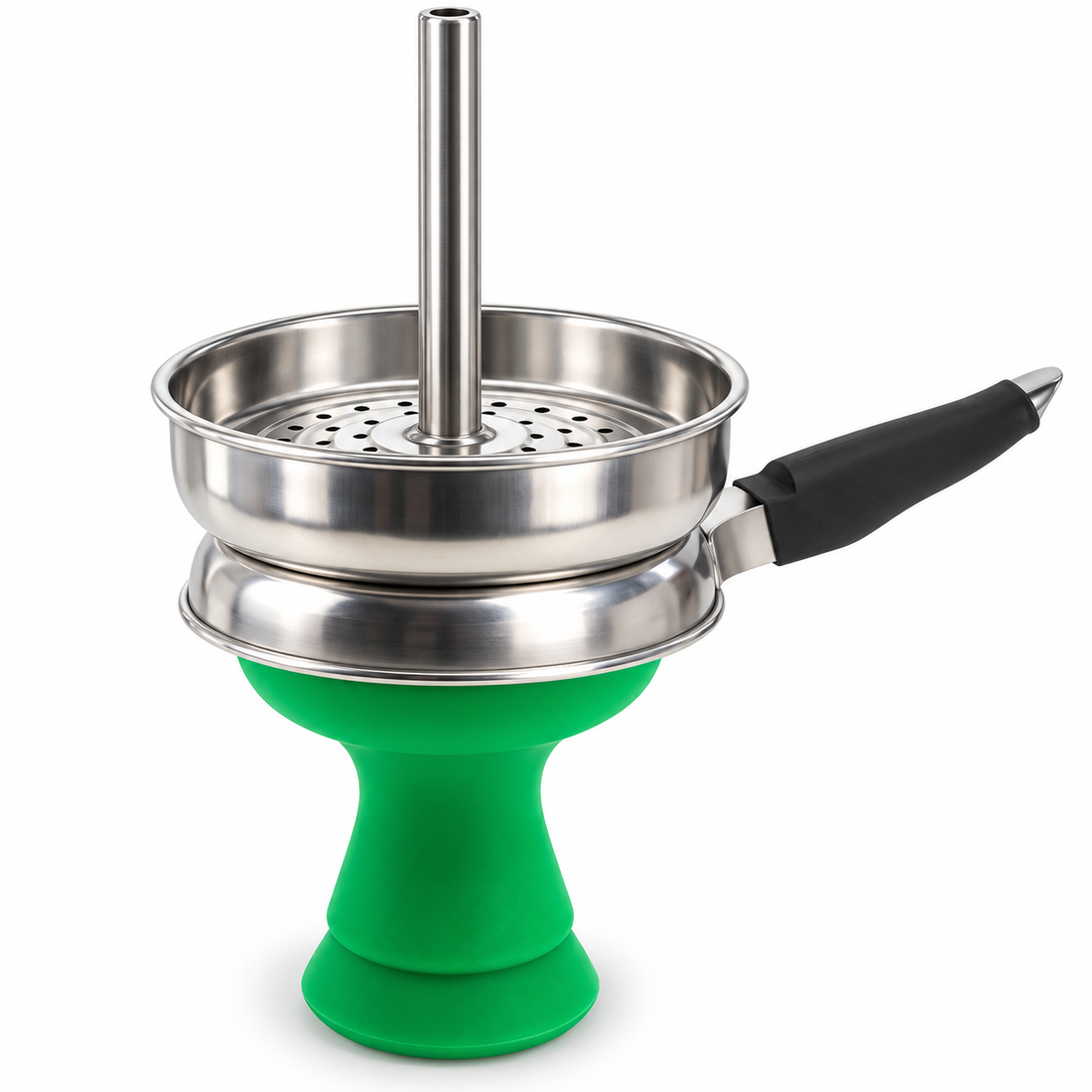 Green Coco Hamra silicone phunnel hookah bowl with metal chimney heat-management screen and side handle