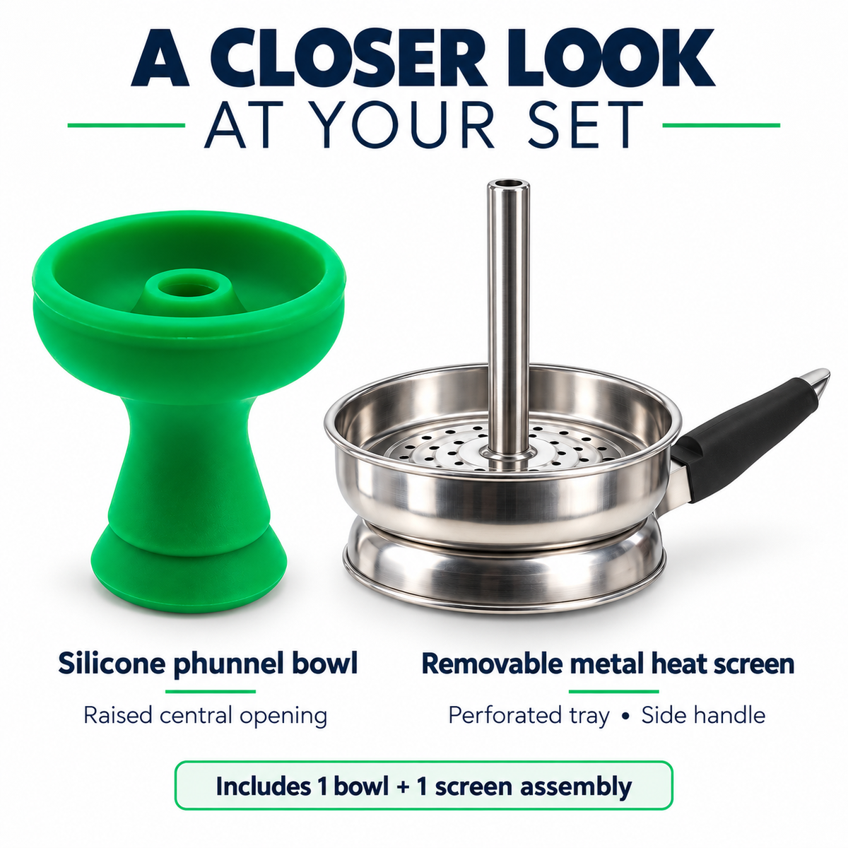 Green silicone phunnel bowl beside removable metal chimney heat screen, showing the two included components