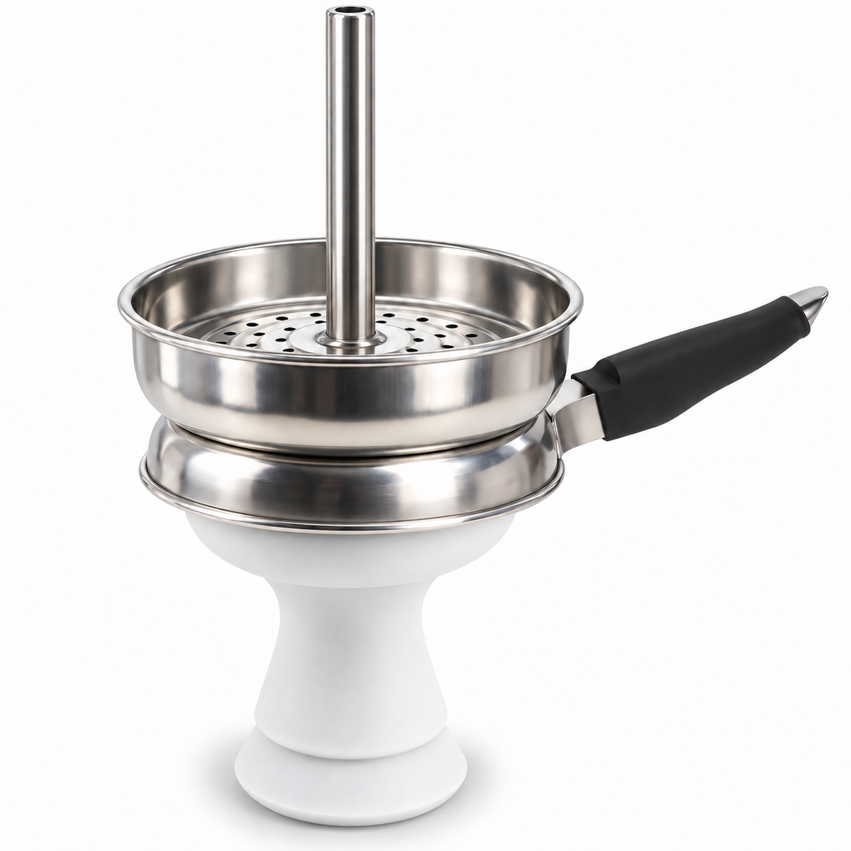 White Coco Hamra silicone phunnel hookah bowl with metal chimney heat-management screen and side handle
