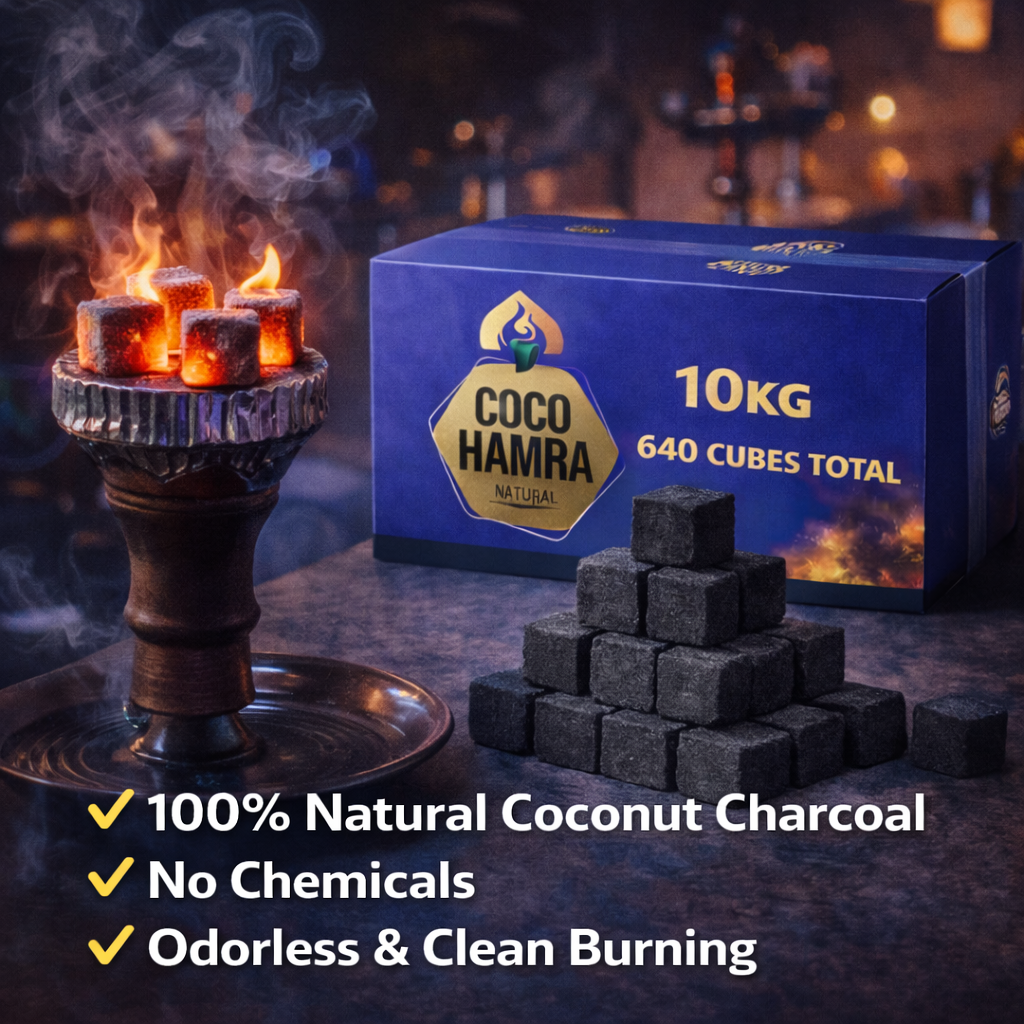 Coco Hamra charcoal cubes with a box and smoking charcoal holder on a dark background