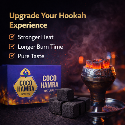 Coco Hamra hookah charcoal with a smoking hookah and text about product benefits on a dark background.