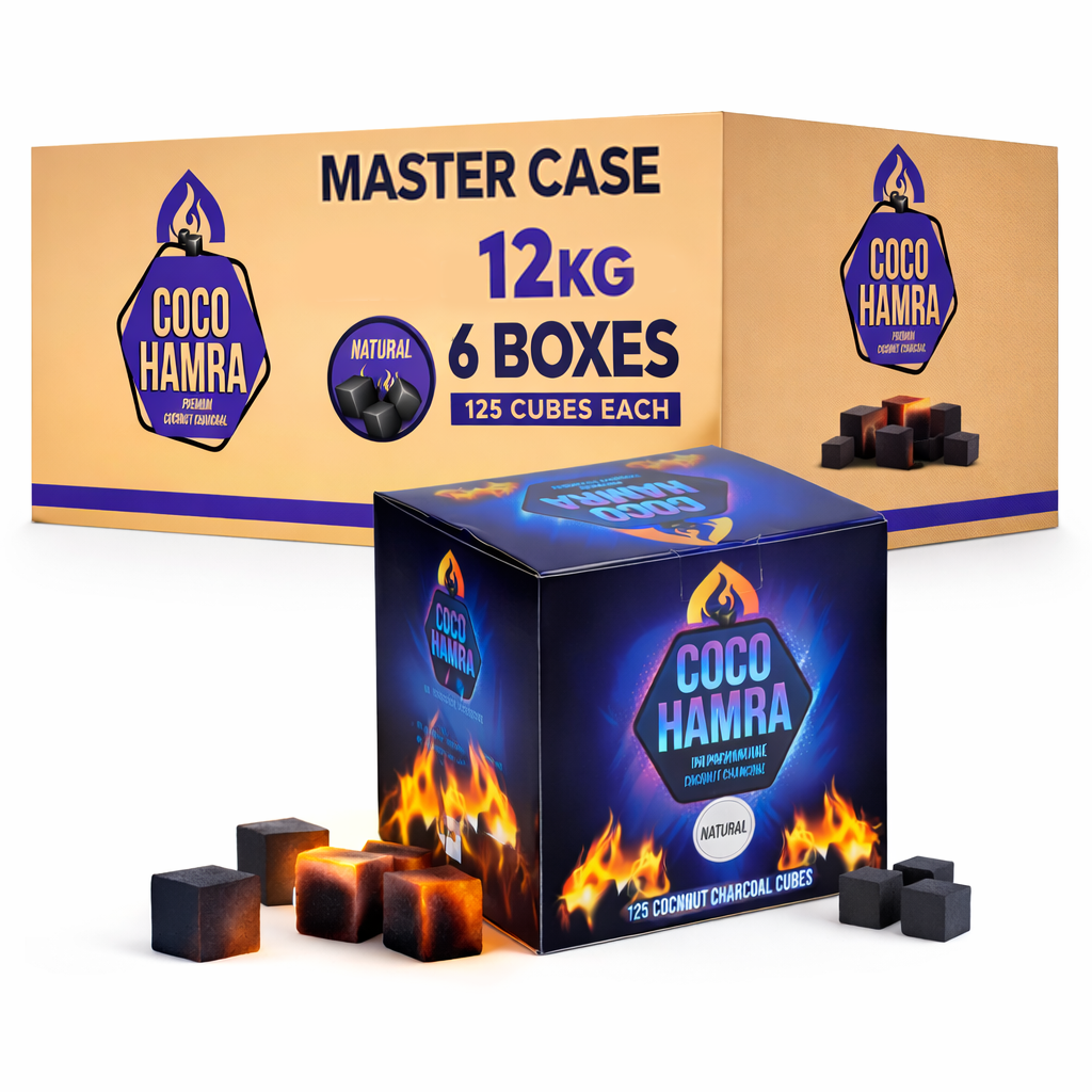 Coco Hamra charcoal packaging with a master case and individual box on a white background