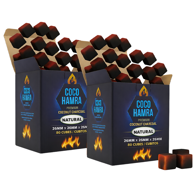 Coco Hamra coconut charcoal packaging with charcoal cubes on a white background