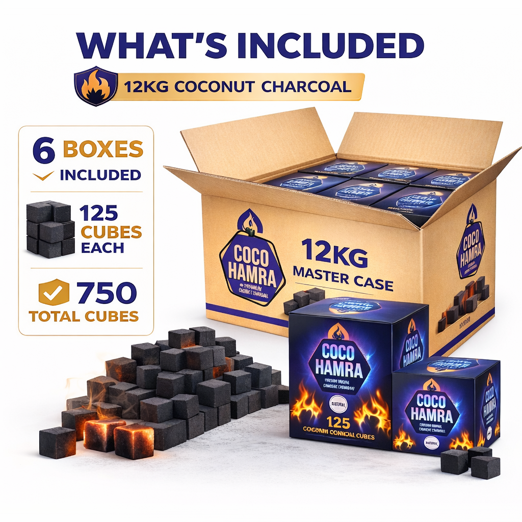 Coco Hamra coconut charcoal packaging with 6 boxes and 750 cubes on a white background