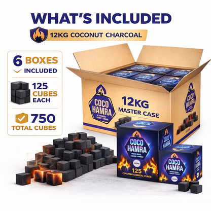 Coco Hamra coconut charcoal packaging with 6 boxes and 750 cubes on a white background