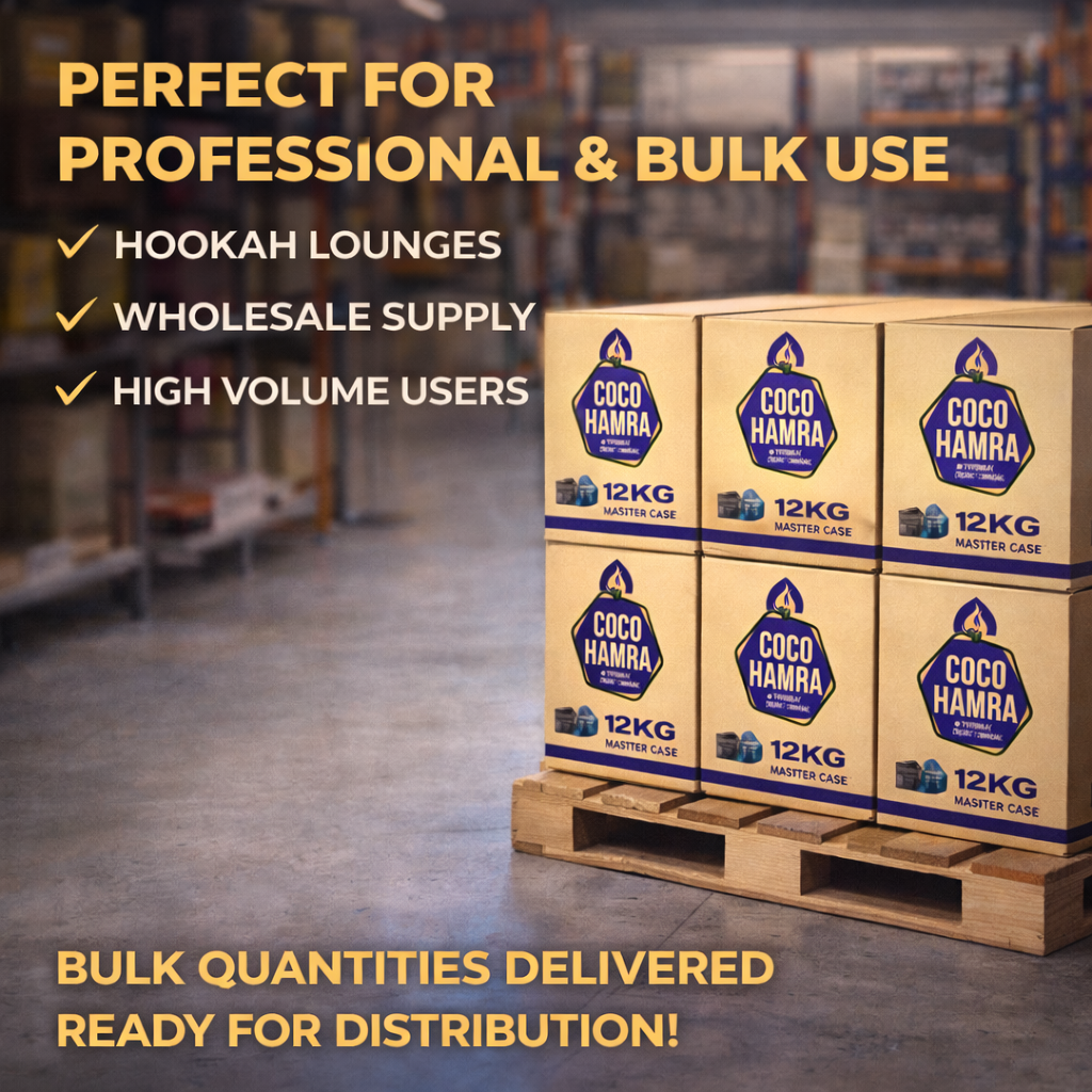 Coco Hamra boxes on a pallet in a warehouse setting with promotional text.