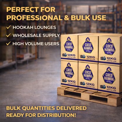 Coco Hamra boxes on a pallet in a warehouse setting with promotional text.