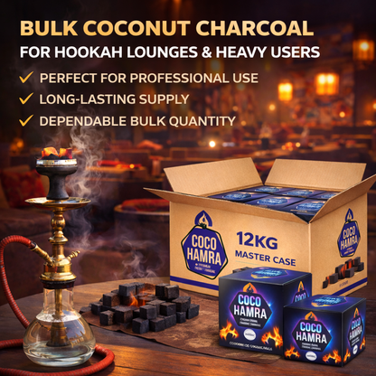 Coco Hamra coconut charcoal packaging with a hookah on a wooden table in a lounge setting.