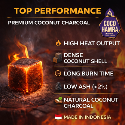Coconut charcoal with fire and smoke, featuring Coco Hamra branding and product features.