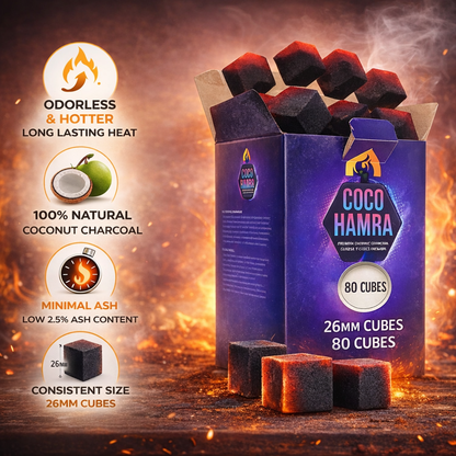 Coco Hamra coconut charcoal cubes packaging with product features on a fiery background