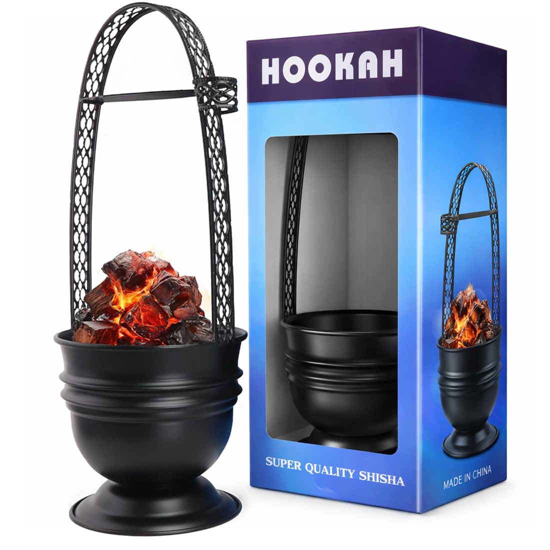 Black hookah with glowing embers next to its packaging box on a white background