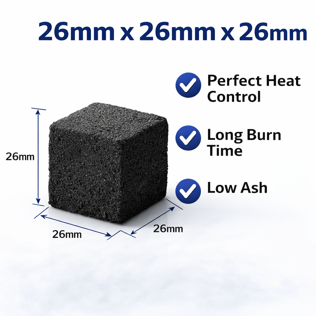 Black cube with dimensions 26mm x 26mm x 26mm, labeled with features like perfect heat control, long burn time, and low ash.