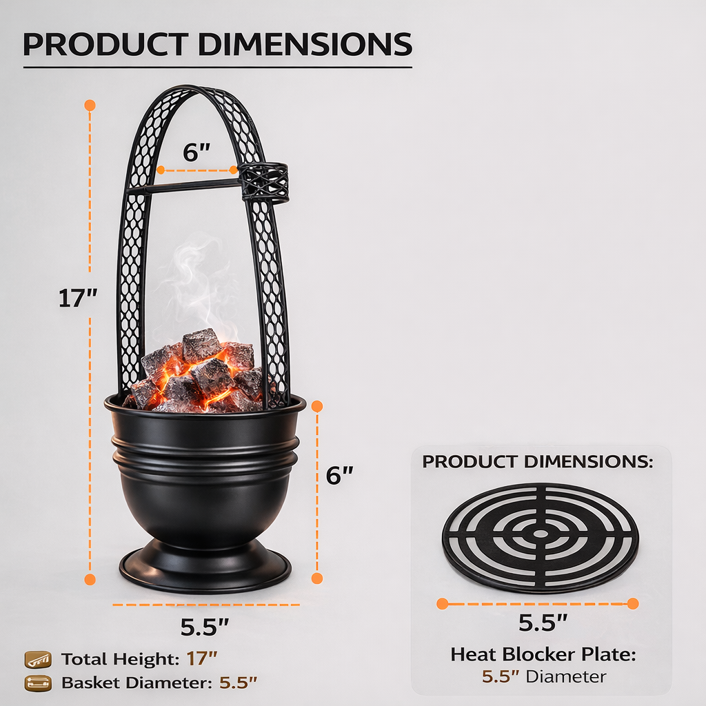 Black metal fire pit with dimensions labeled on a gray background