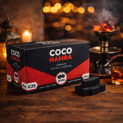 Box of Coco Hamra coconut charcoal with smoking hookah in the background