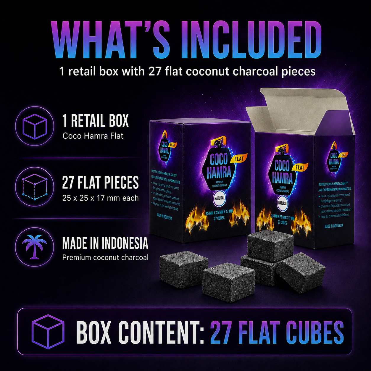 Promotional product graphic for a retail box of Coco Hamra flat coconut charcoal pieces. The image shows two branded product boxes, one open, with several dark charcoal cubes in front.