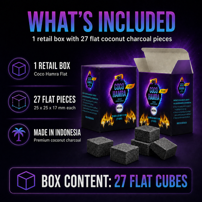 Promotional product graphic for a retail box of Coco Hamra flat coconut charcoal pieces. The image shows two branded product boxes, one open, with several dark charcoal cubes in front.
