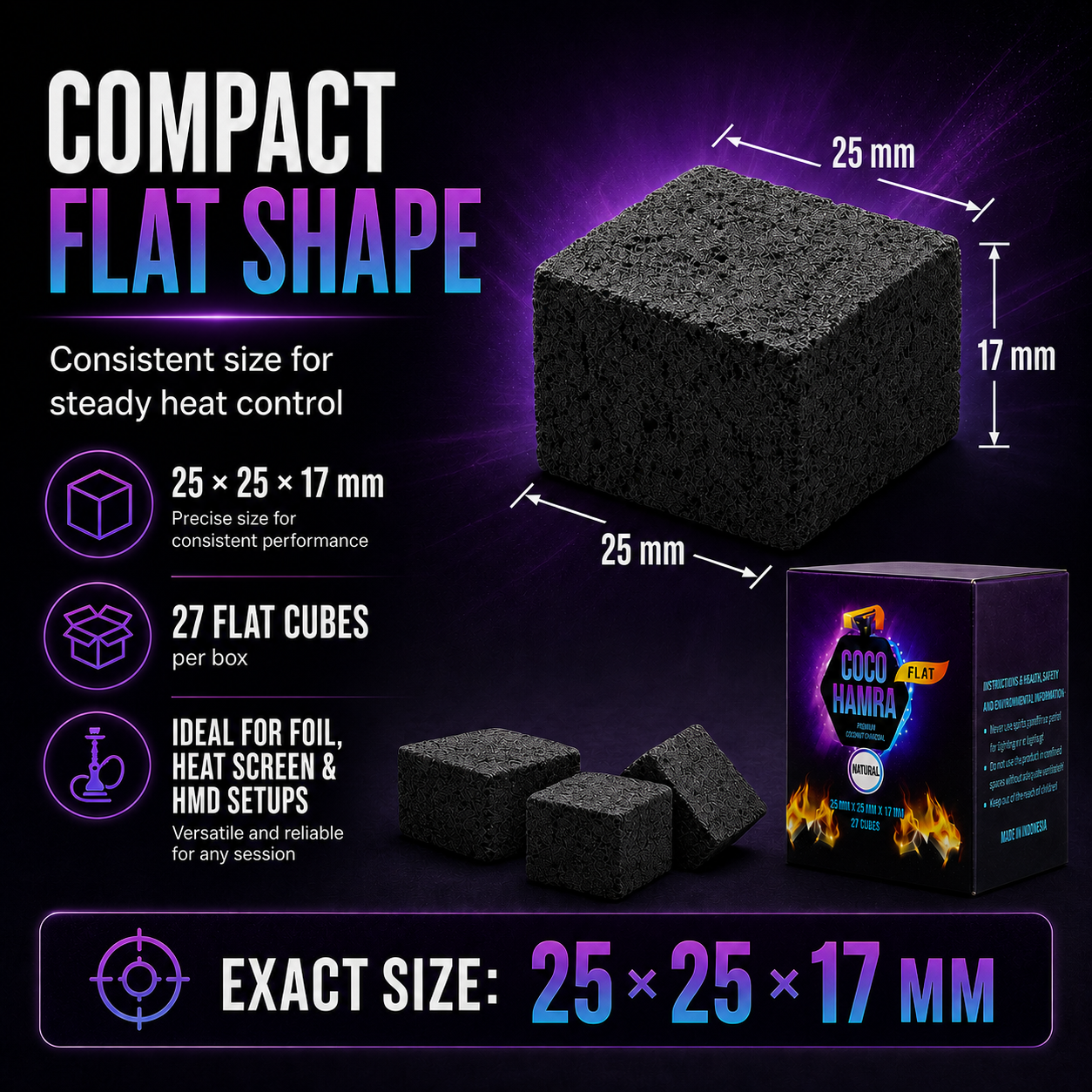Promotional graphic for compact flat shape carbon paper heating elements, showing a 25 x 25 x 17 mm cube, several smaller cubes, and a product box on a dark purple background with size callouts and feature icons.