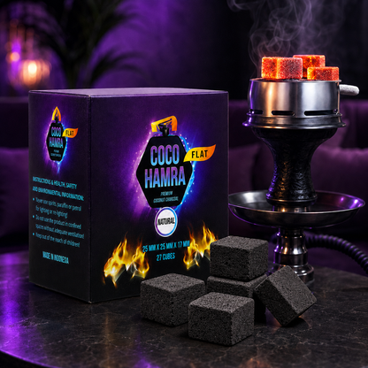 Coco Hamra flat tobacco pouches in a black box, shown with several dark charcoal cube tobacco pieces in front and a smoking hookah setup with orange-coated tobacco cubes on a dark table in a dim purple-lit setting.