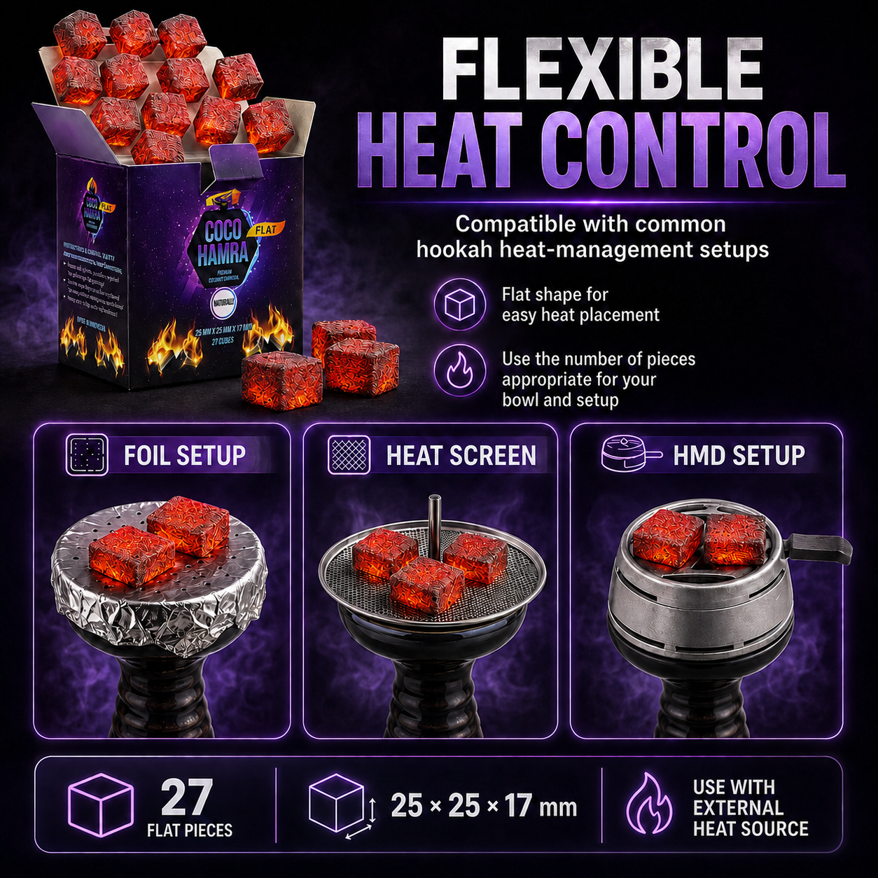 Coca Damma flexible heat control hookah charcoal pieces, shown in an open box with 27 red cubes, alongside three demonstration panels showing foil setup, heat screen, and HMD setup on a hookah bowl.