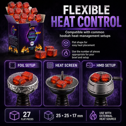 Coca Damma flexible heat control hookah charcoal pieces, shown in an open box with 27 red cubes, alongside three demonstration panels showing foil setup, heat screen, and HMD setup on a hookah bowl.