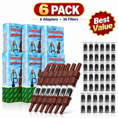 Egyptian hookah filter tar reducer 6 pack with 6 adapters and 36 replacement filters.