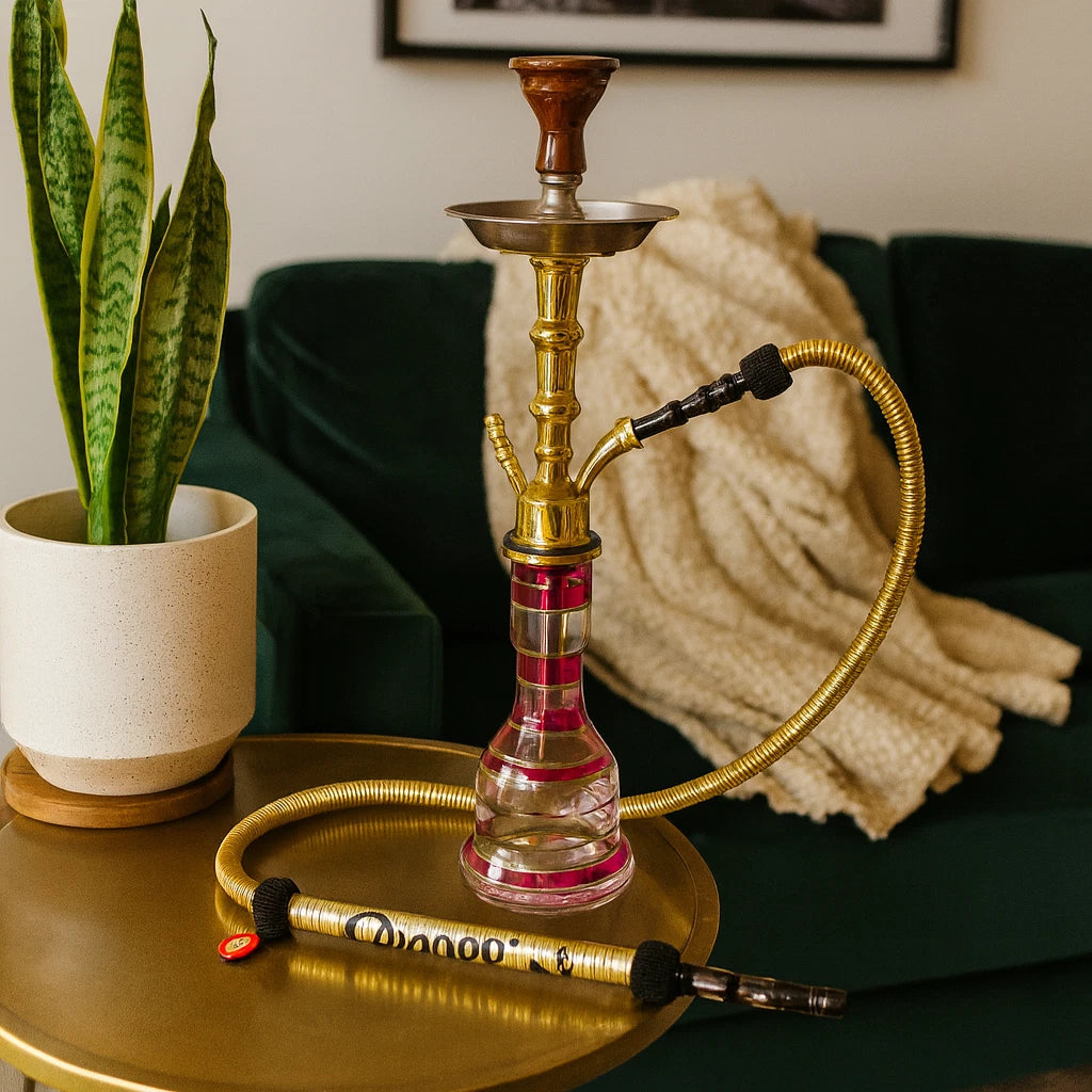 Hookah on a table with a plant and sofa in the background