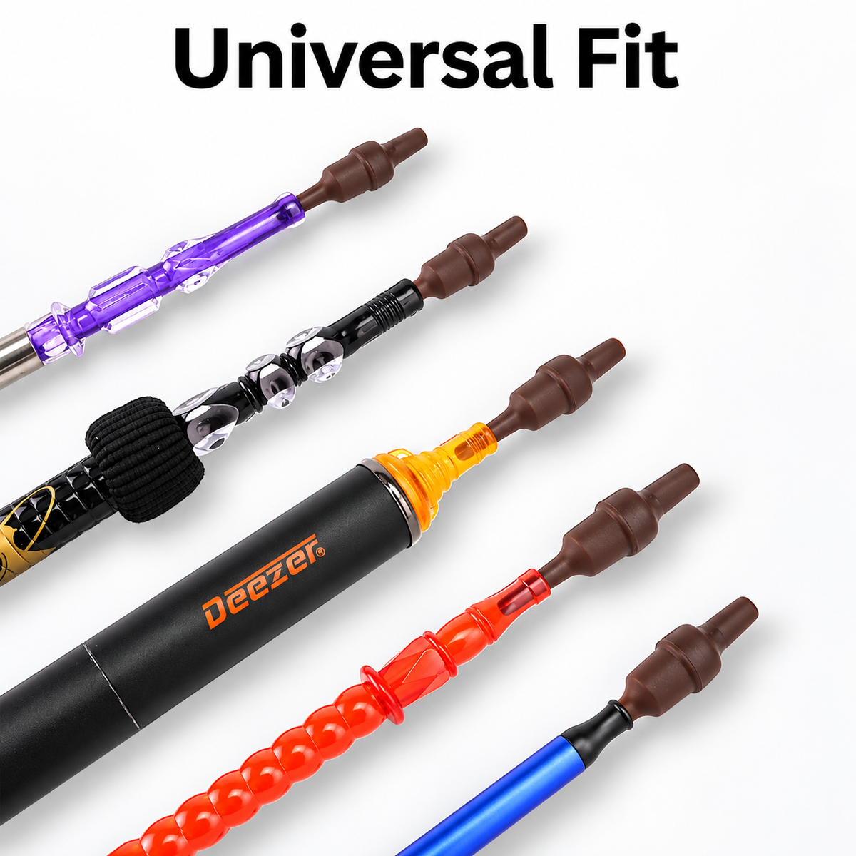 Universal-fit Egyptian hookah filter adapter shown with multiple hookah hose styles.