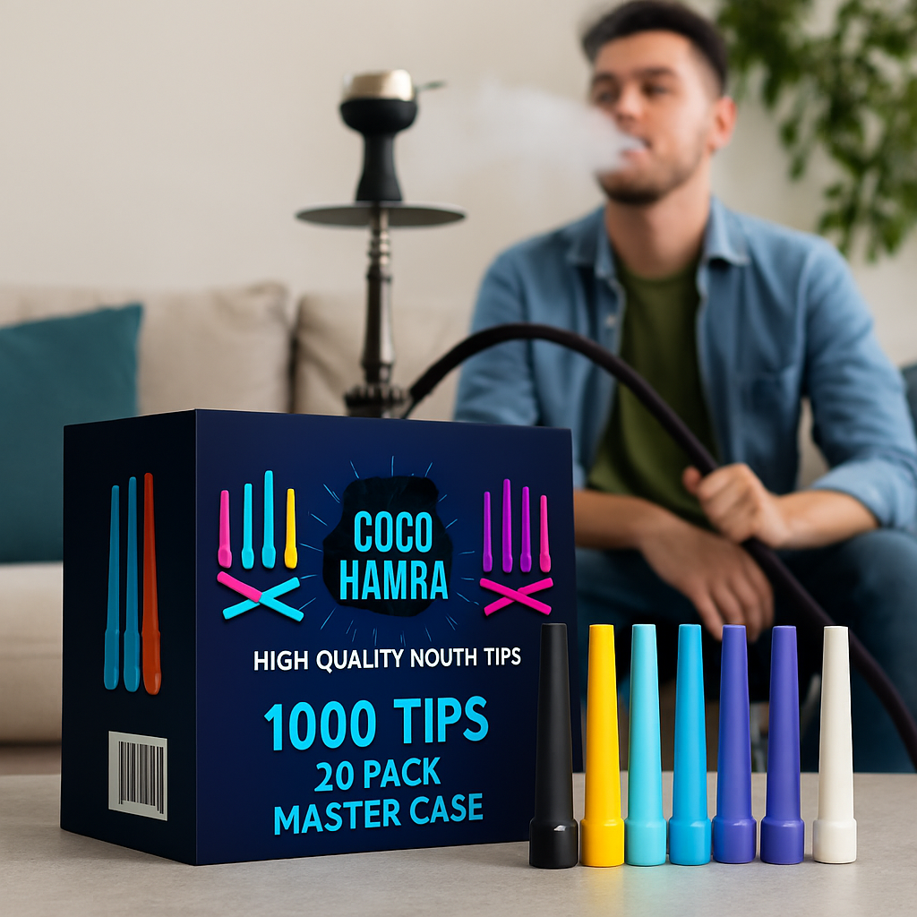 Coco Hamra high quality nouth tips packaging with colorful tips displayed in front, and a person using a hookah in the background.