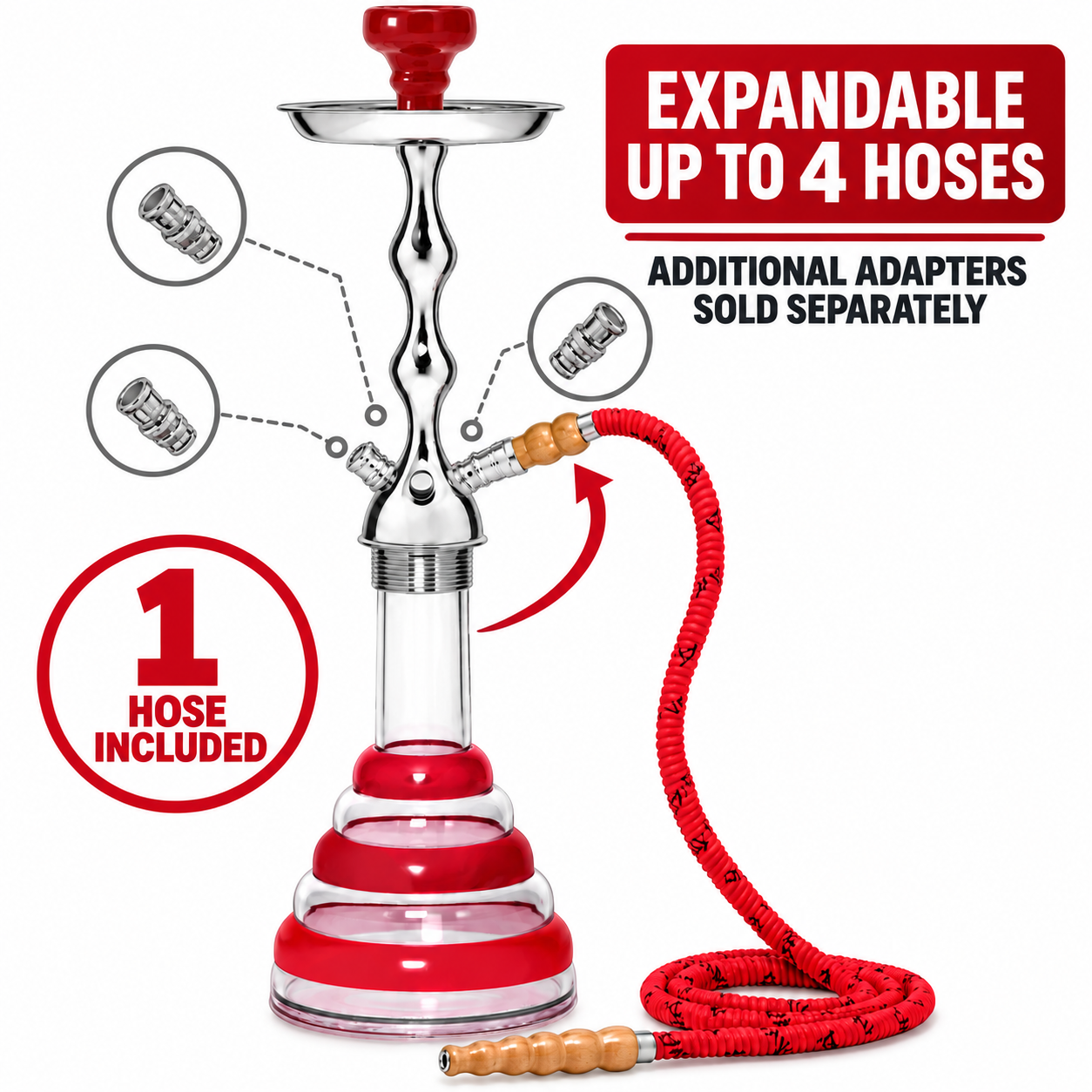 MYA Acrylic hookah includes one hose and supports up to four hoses with additional adapters