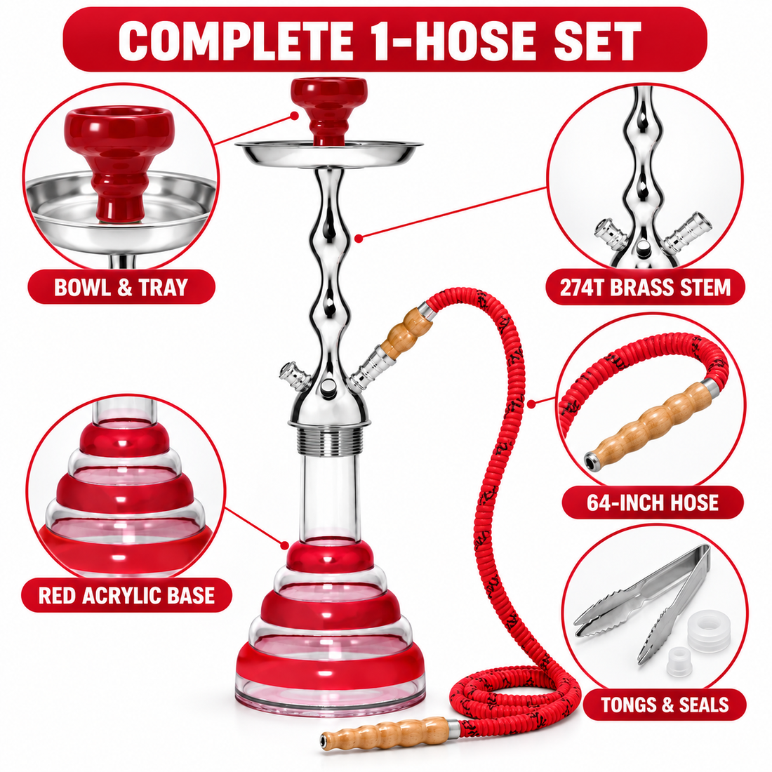 Complete red MYA Acrylic hookah set with base stem bowl tray hose tongs and seals