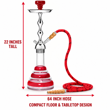 Red MYA Acrylic hookah measuring 22 inches tall with 64 inch hose