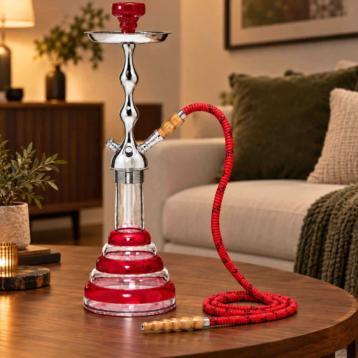 Red MYA Acrylic hookah in a warm modern home lounge setting