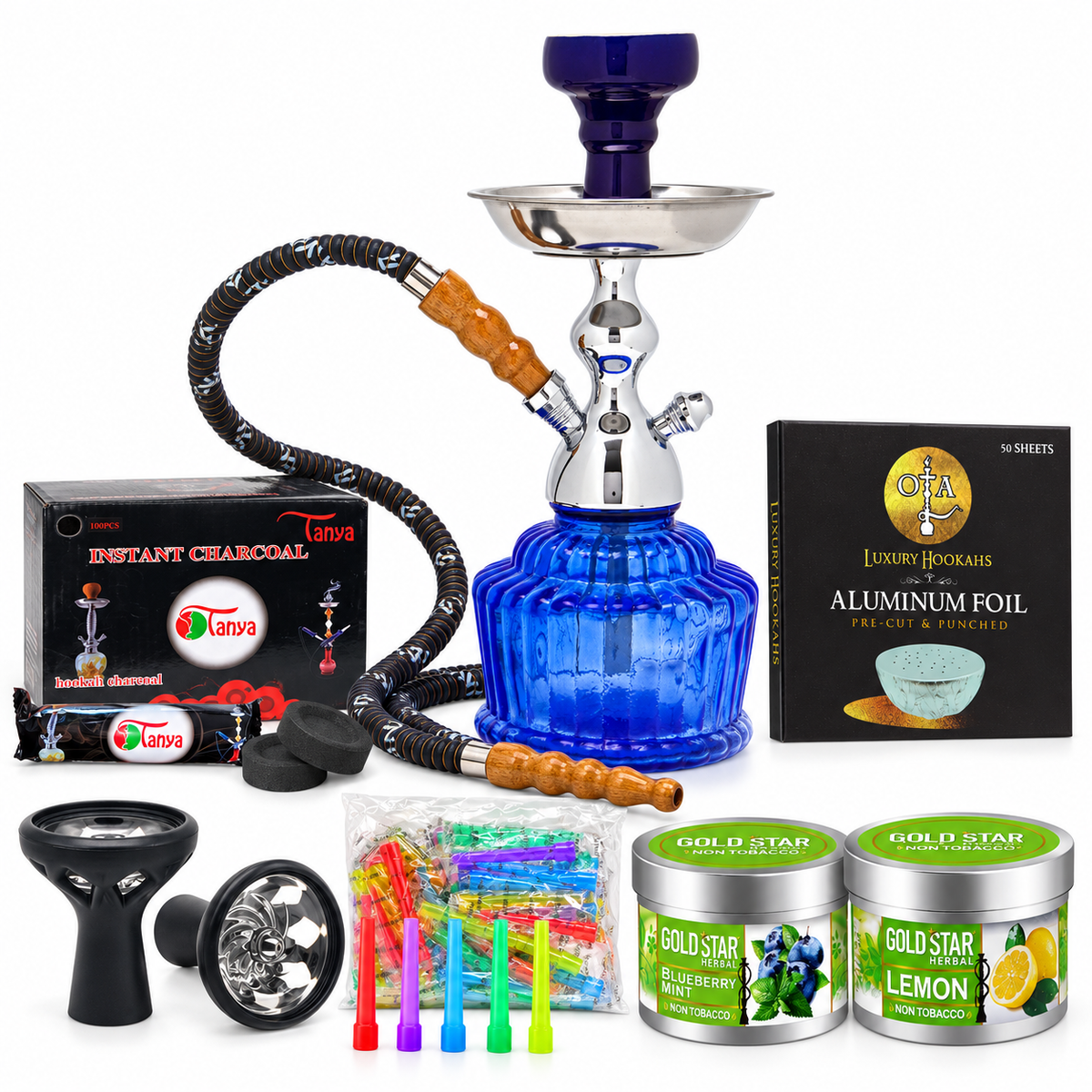 MYA QT blue hookah complete starter bundle with coals foil tips herbal shisha and bowl