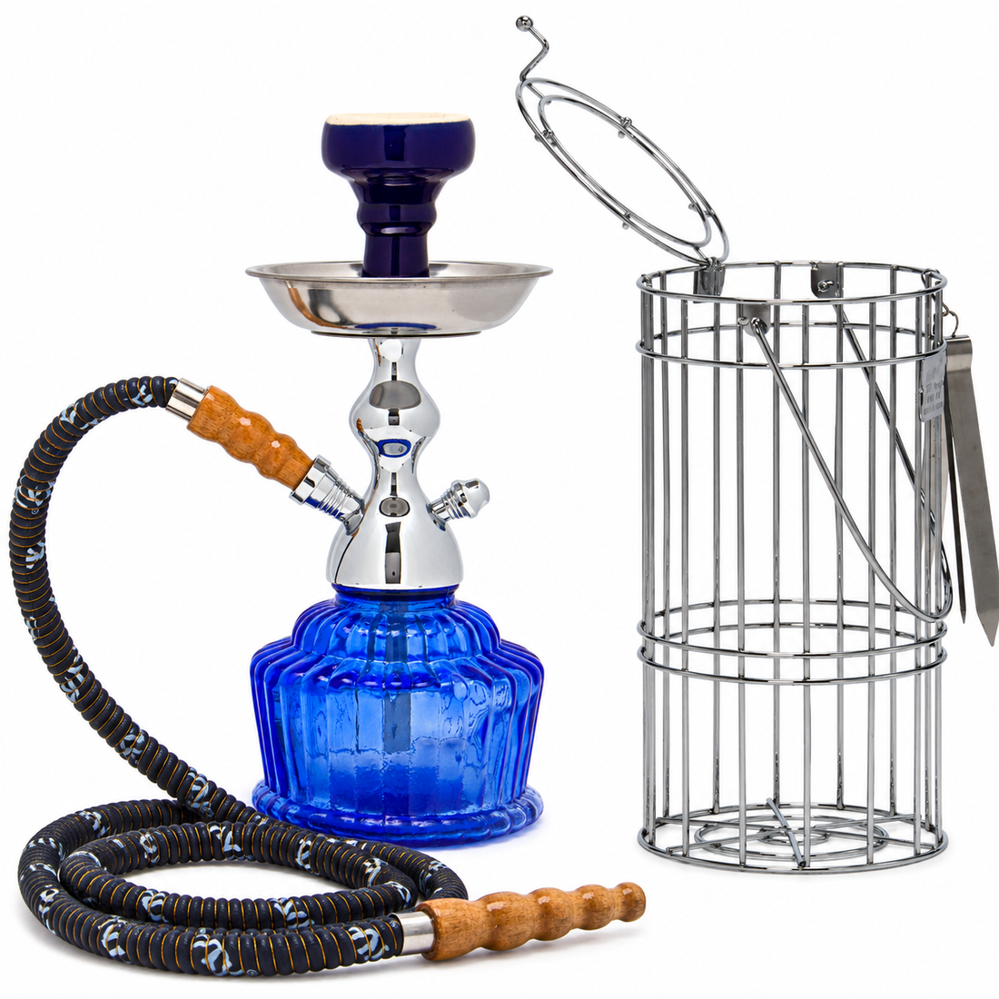 MYA QT 14 inch dark blue hookah complete set with silver carrying cage and single hose