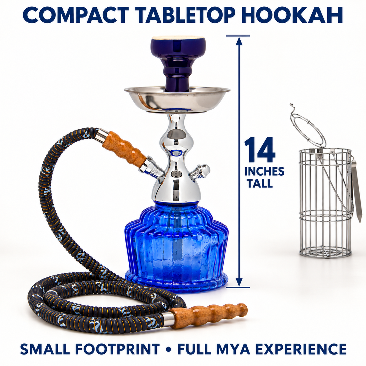 MYA QT compact tabletop hookah measuring 14 inches tall with carrying cage