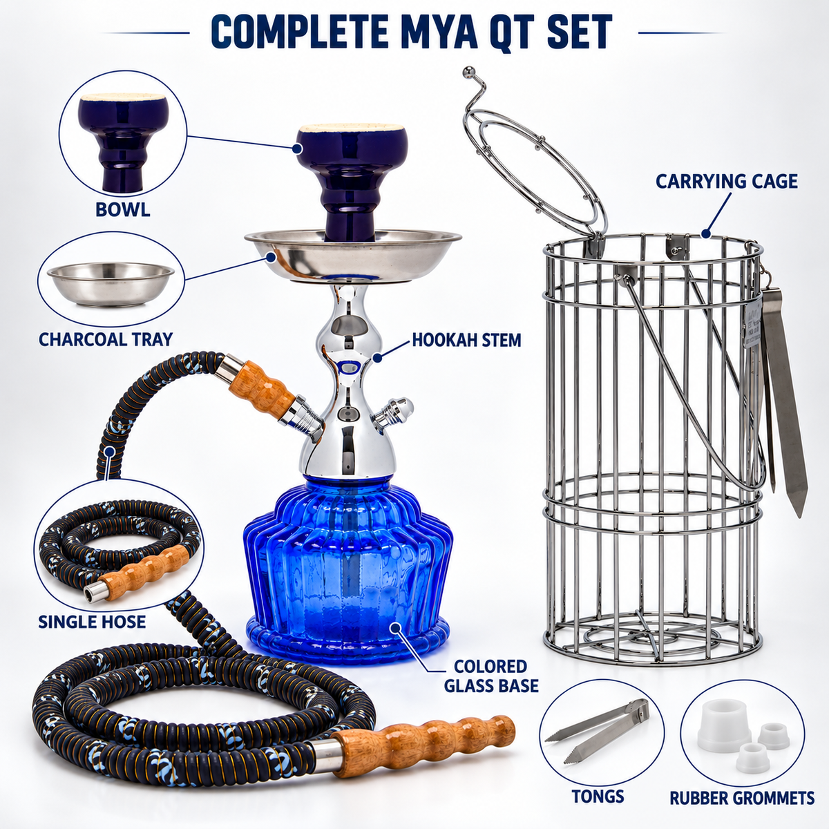 Complete MYA QT hookah set with glass base stem bowl hose tray tongs grommets and carrying cage