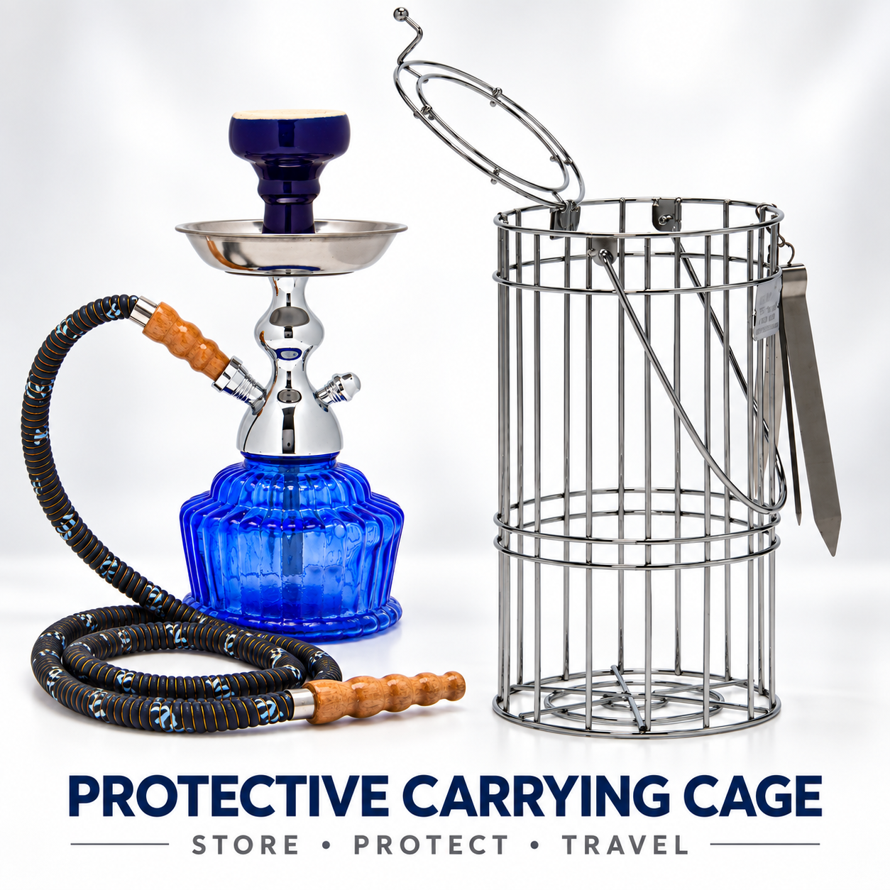 MYA QT hookah with protective silver carrying cage for storage and travel