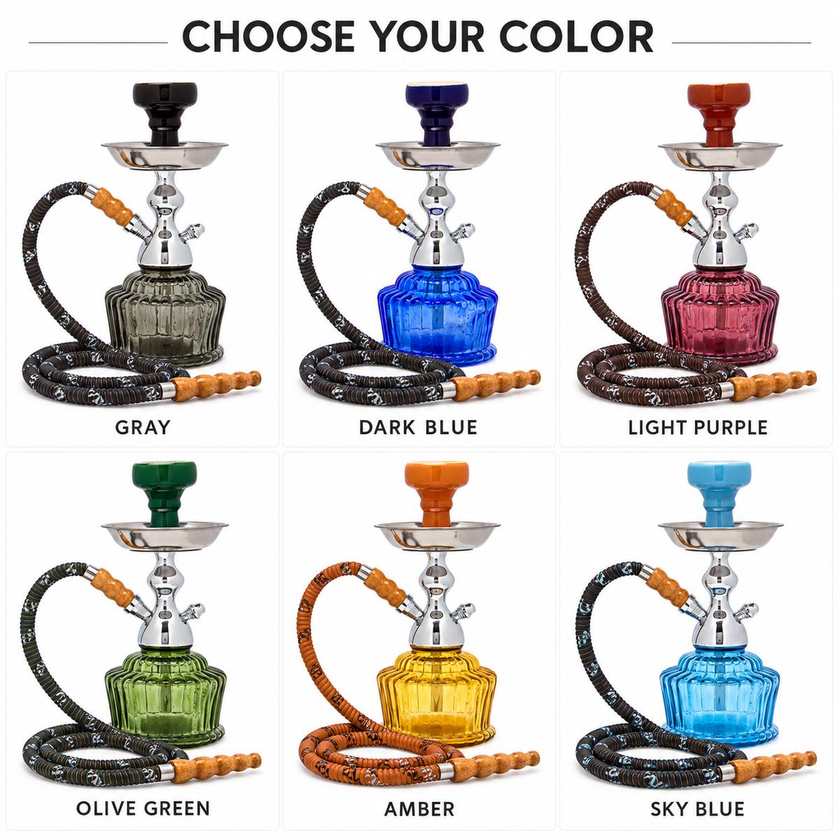 MYA QT hookah color options gray dark blue light purple olive green amber and sky blue