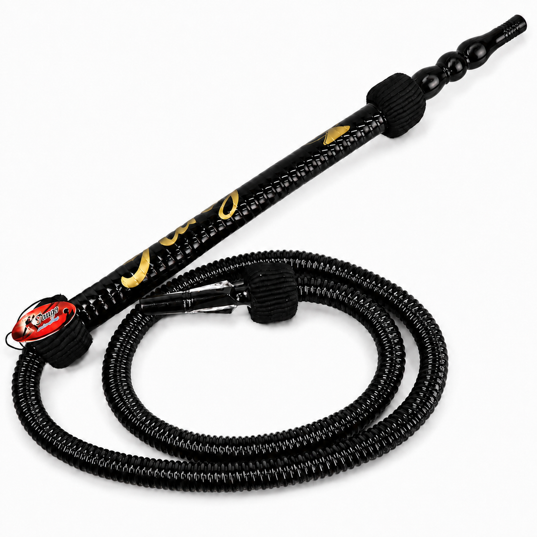 Black Tango traditional hookah hose with decorative gold-accented handle and flexible hose for shisha hookah setups.