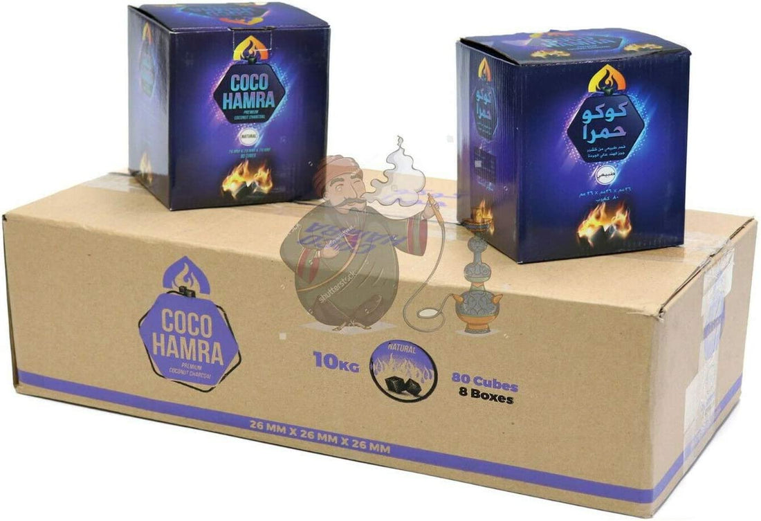 Coco Hamra Natural Coconut Shell Charcoal - 26mm large size coals in a 10kg lounge case, ideal for hookah and BBQ. Long-lasting, eco-friendly, and premium quality charcoal for enhanced heat and flavor.