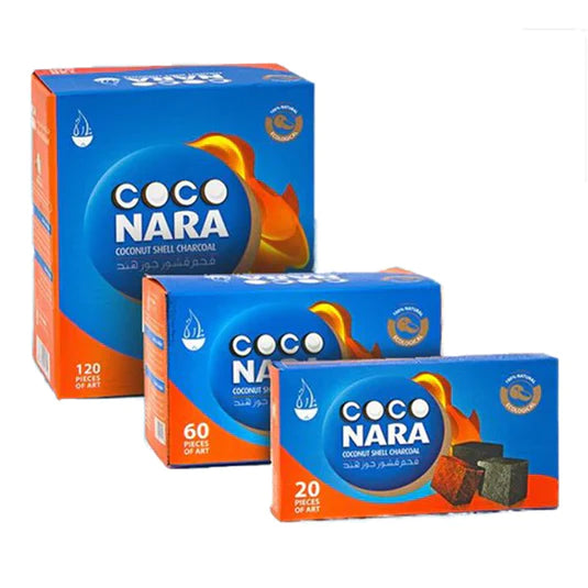 Coco Nara natural coconut hookah charcoal packages in 20, 60 and 120-piece sizes